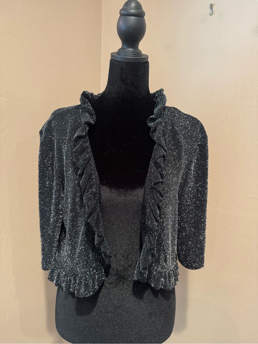 Flirty Fun Metallic Black Sparkle Ruffle Open-Front Cardigan 3/4 Sleeves